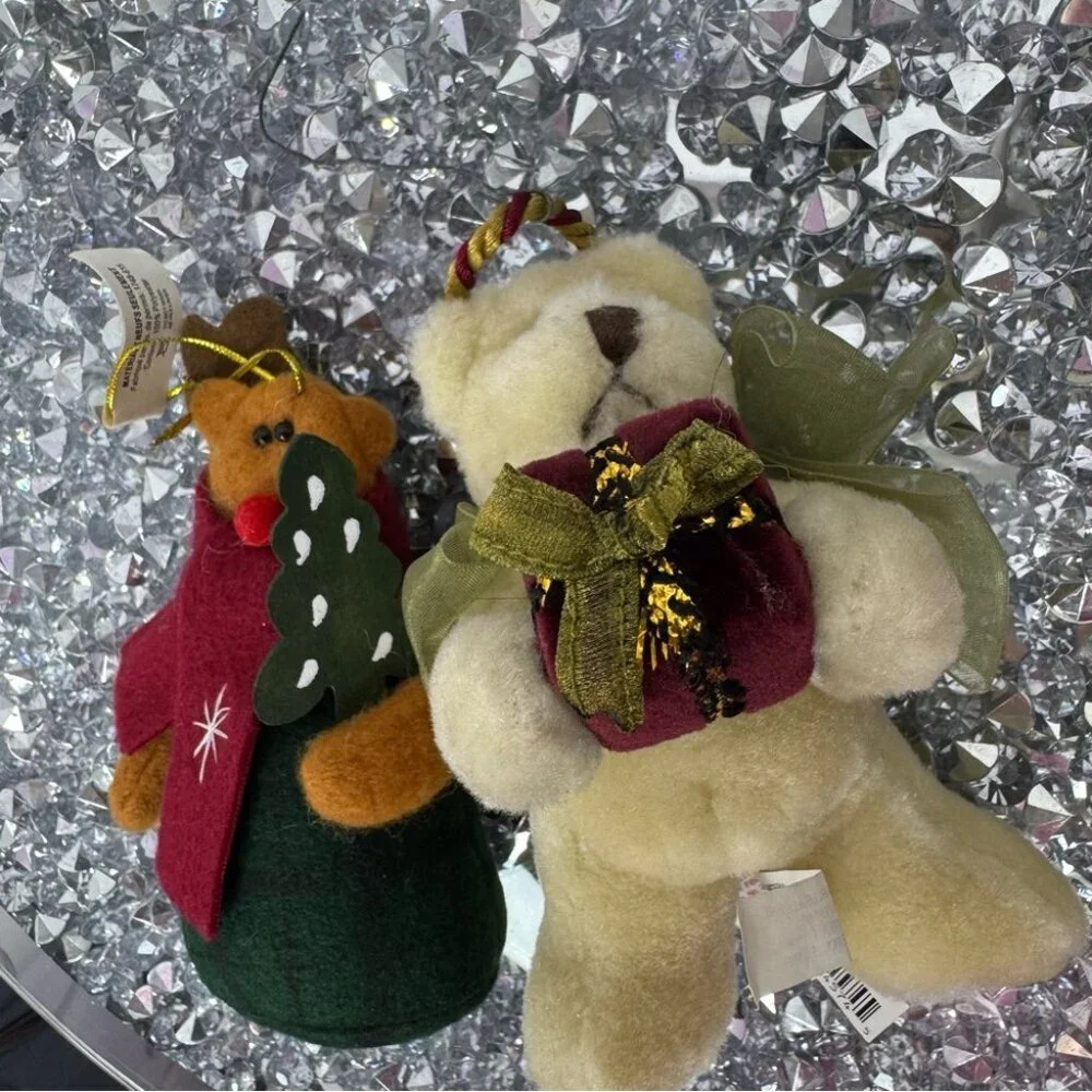 2 Christmas ornaments plush animal bears teddy cute winter outfits new with tags